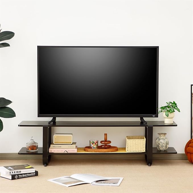 Bamboo TV Stand for TVs up to 65", Accent Entertainment Center with Storage, Media Console Table with Shelf, Modern TV Stand for Living Room, Bedroom, 54.3"(L), Black