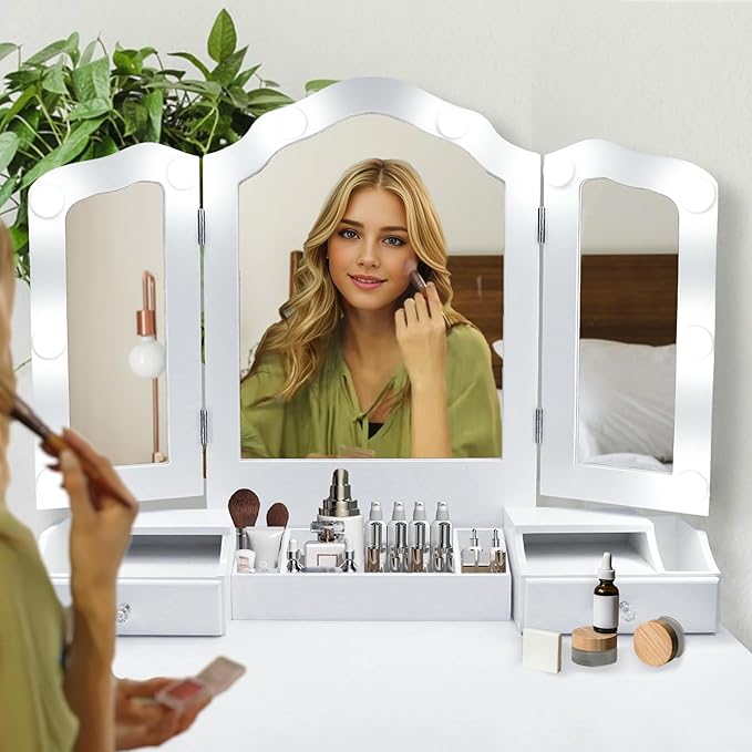 NEDYO Vanity Table, Vintage Vanity Desk with Mirror and Lights, Tri-Fold Mirror Small Makeup Vanity with Chair, Vanity Set for Bedroom and Small Spaces. White