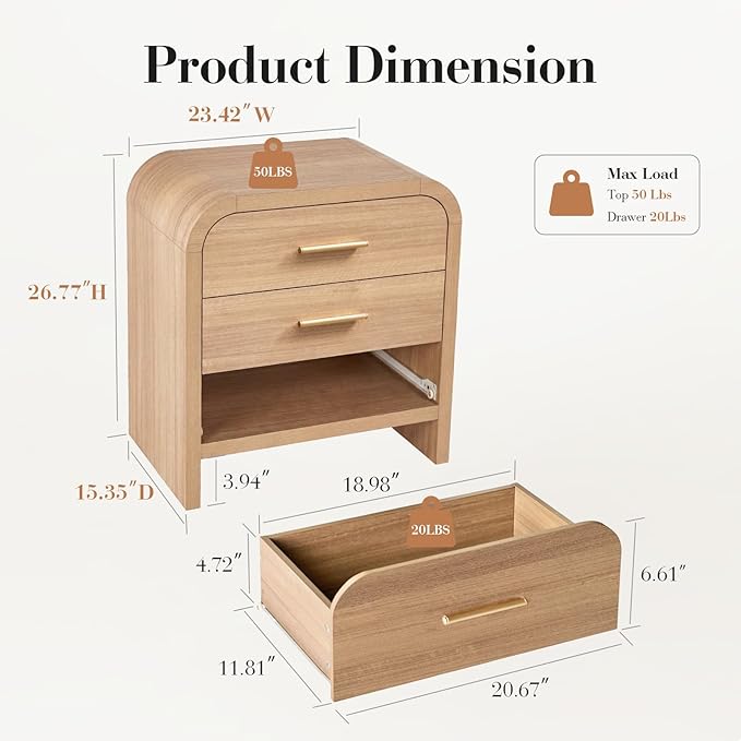 Night Stand [Unique Curved Profile] [FSC-Certified Wooden Board] 3-Drawer Nightstand 26.7" H Metal Handle Modern Bedside Table