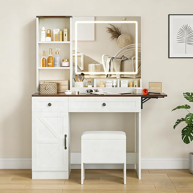 KAMABOKO Vanity Desk with Mirror, LED Lights and Power Outlet, Makeup Vanity Table with Cabinet and 2 Drawers, Dressing Table with Stools for Bedroom (Brown)
