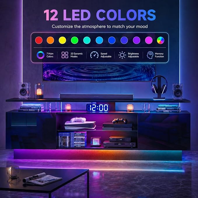 70” High-Glossy TV Stand with 2 Side Cabinets, Modern Stylish TV Console with 3 Layer LED Lights,Gaming TV Media Console with Adjustable Glass Shelf, Remote&APP Control, Black