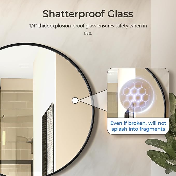 USHOWER Black Round Mirror for Over Sink 24-inch, Circle Bathroom Mirror, Metal Frame Vanity Mirror, Modern Wall Mirror for Entryway Living Room