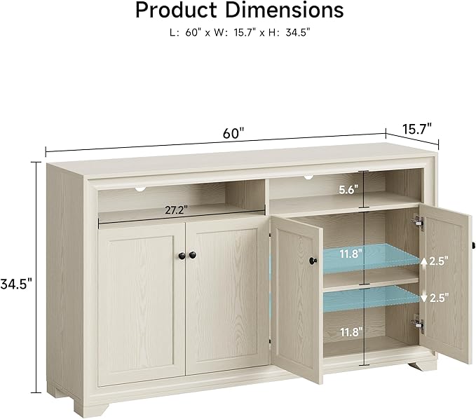 ONBRILL 60 Inches Sideboard Buffet Cabinet with Storage, 4 Doors Large Sideboard, Kitchen Cabinet with Open Shelf & Adjustable Shelf, Kitchen Coffee Bar Console Table for Living Room, Hallway, White