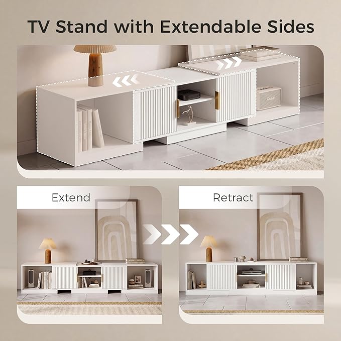 IRONCK TV Stand for 55-80 Inches TVs, 63"-84.6" Adjustable Length, Extendable Corner Entertainment Center with Storage Cabinets, Fluted Doors Modern Media Console, Ideal for Living Room, White