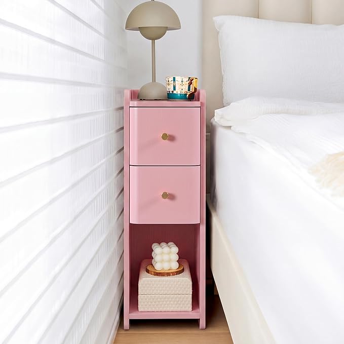 Pink Narrow Nightstand, Wooden Small 2 Drawer Nightstand, Slim Side End Table, Skinny Bedside Table, Mid Century Modern Night Stand with Drawers, for Living Room (Pink-1 pc)