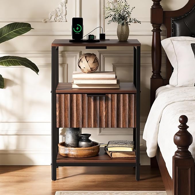 VINGLI Nightstands Set of 2 with Fabric Drawer, Walnut Nightstand with Charging Station, Fluted Night Stands, Bedside Tables/End Tables with Charger Station, Side Table Bedroom,Small Night Stand,2 pcs