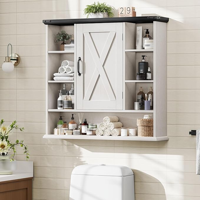 Bathroom Wall Cabinet, Farmhouse Medicine Cabinet with Adjustable Shelves and Barn Doors, Large Wall Mounted Over the Toilet Storage Cabinet for Bathroom, Laundry Room, Kitchen, Rustic White and Black