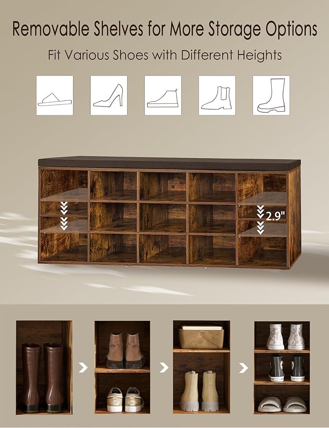 DINZI LVJ Shoe Storage Bench with Cushion, 13-Cubby Shoe Rack, Adjustable Shelves, Multifunctional Shoe Organizer Bench for Entryway, Mudroom, Hallway, Living Room, Bedroom and Garage, Rustic Brown