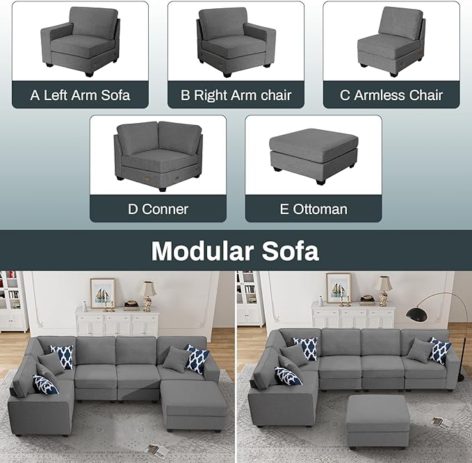 Legend Vansen Oversized Modular Sectional Sofa,U/L‑Shaped Reversible Couch with Ottoman,Deep Seat Plush Polyester Sofa for Living Room,6‑Seater,Dark Grey