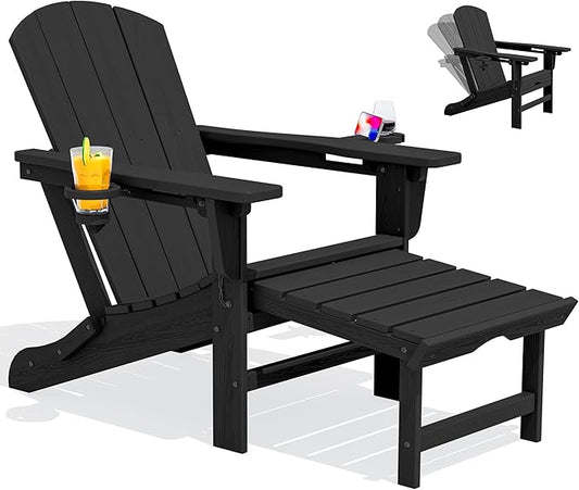 SERWALL Folding Adjustable Adirondack Chair with Footrest, HDPE Outdoor Chair with Dual Cup Holders, All Weather Adirondack Chair with Ottoman, Black