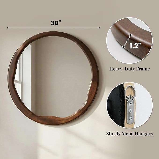 Round Dark Wood Mirror 30 Inch, Large Solid Wood Framed Wall Mirror with Asymmetrical Wavy Inner Edge for Living Room, Fireplace & Dining Room Decor