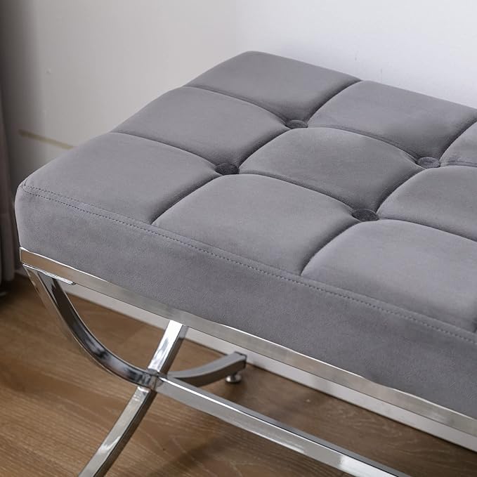 DUOMAY Modern Tufted Ottoman Bench, Velvet Upholstered Dining Bench, Button Tufted Footrest Stool Vanity Seat with with X Metal Legs, 45.75" W x 16.5" D x 19.25" H, Grey