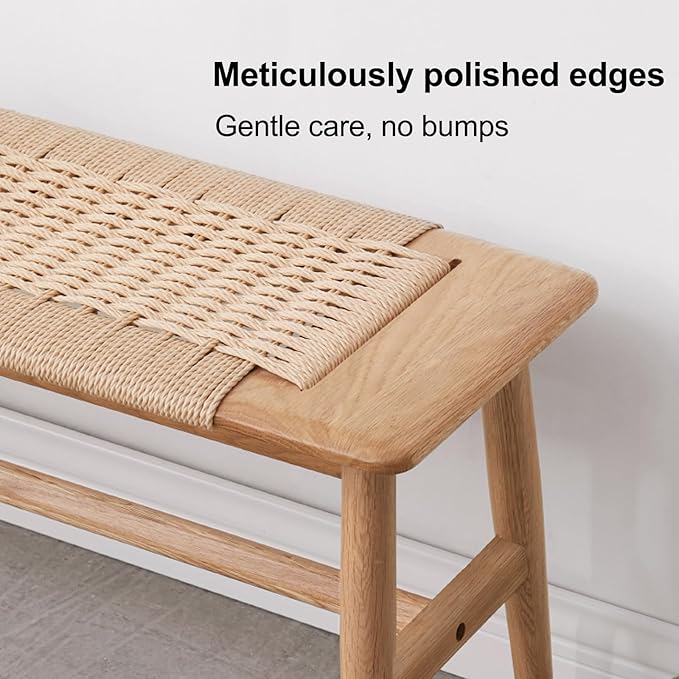 100% Solid Oak Farmhouse Entryway Bench, Wooden Bench Indoor with Hand Woven Rope Surface Design, Wood Bench for End of Bed with Solid Structure(Natural, 43.31" Wx11.81 Dx15.98 H)