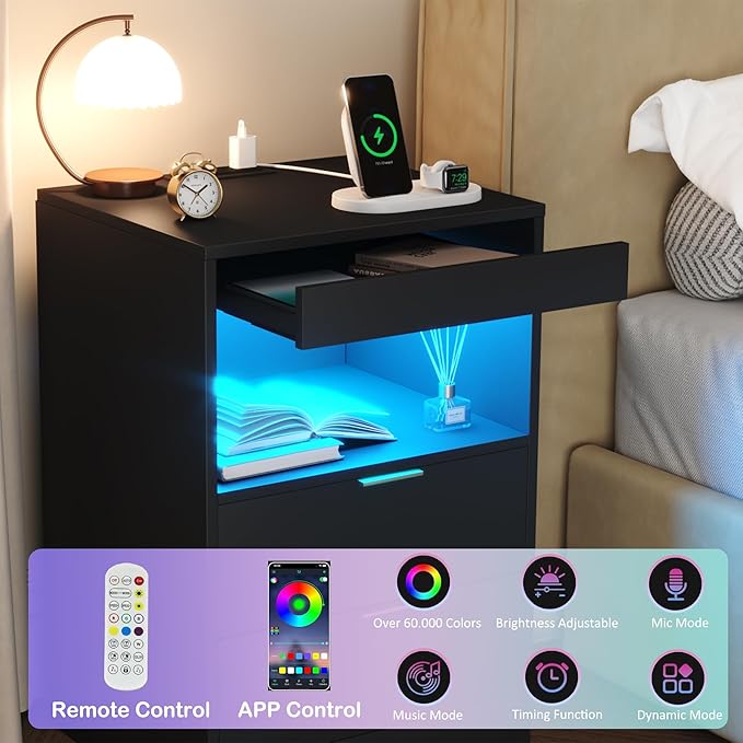 Gadroad Night Stand, LED Nightstand with Charging Station, Wood Bedside Table, End Table Sofa Couch Side Table with Pull-Out Shelf, Black