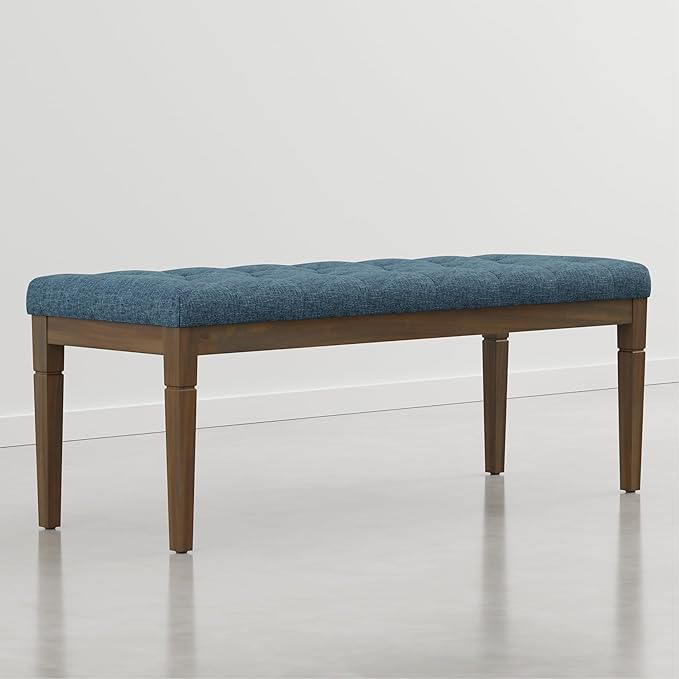 SIMPLIHOME Waverly Tufted Ottoman Bench - 48 inch Wide Upholstered Linen Look Fabric Rectangle Footstool Ottoman in Indigo Blue, Traditional Bench for Bedroom, Entryway or Living Room with Carved Legs