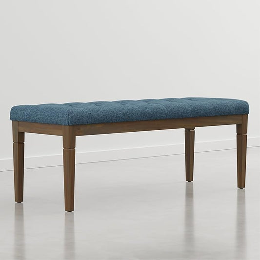 SIMPLIHOME Waverly Tufted Ottoman Bench - 48 inch Wide Upholstered Linen Look Fabric Rectangle Footstool Ottoman in Indigo Blue, Traditional Bench for Bedroom, Entryway or Living Room with Carved Legs