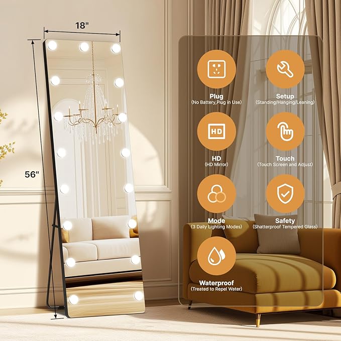 Kosmonia 56x18 Hollywood Full Length Mirror with Light, 17 Dimmable Bulbs & 3 Color Smart Touch Control, Distortion Free, Tempered Glass, Safe Full Body Mirrors with Stand