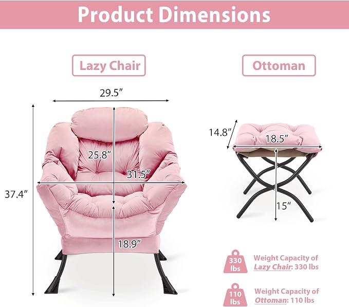 Youtanic Lazy Chair with Folding Ottoman, Accent Chair Velvet Upholstered with Metal Structure and Non-Slip Pads, Sofa Armchair with Footrest and Side Storage Bag for Dorm, Room, Office, Pink