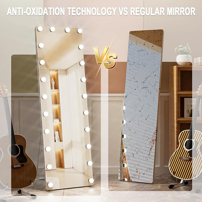 Kosmonia 64x22 Hollywood Full Length Mirror with Light, 22 Dimmable Bulbs & 3 Color Smart Touch Control, Distortion Free, Tempered Glass, Safe Full Body Mirrors with Stand