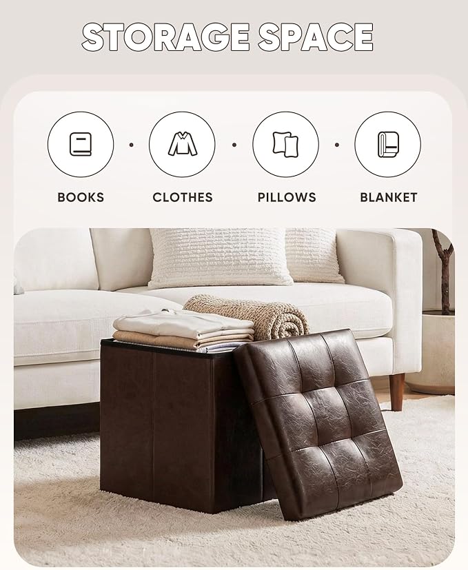 B FSOBEIIALEO Storage Ottoman Small Cube Foot Rest Seat Faux Leather, Brown 12.6"X12.6"X12.6" (2 Pack)