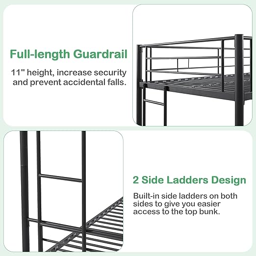 VECELO Metal Bunk Bed Twin Over Twin, Industrial Bunkbeds with Ladder and Full-Length Guardrail, Noise Free, No Boxing Spring Needed, Black