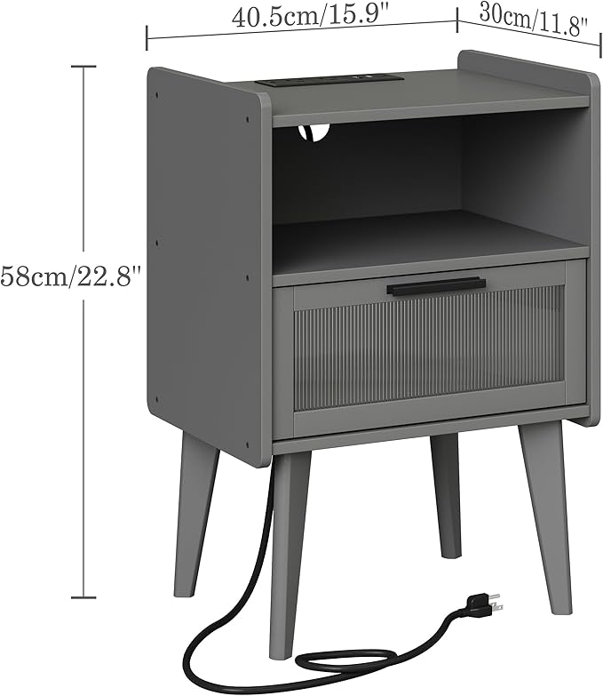 MMEOLUOOK Nightstand with Charging Station, Bedside Tables Set of 2, End Table Side Table with 2 Tiers Storage Space, for Bedroom, Living Room, Grey MLBZ07ZEV-2