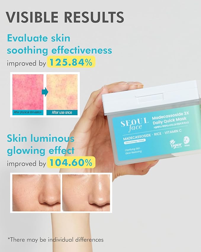DERMAL Seoul Face Cica Madecassoside 5-Min Quick Sheet Mask 36 Count Bulk, Korean Centella Soothing Daily Pull-Out Dispenser with Tweezers, Rice Vitamin C Calming Face Mask for Redness Sensitive Skin