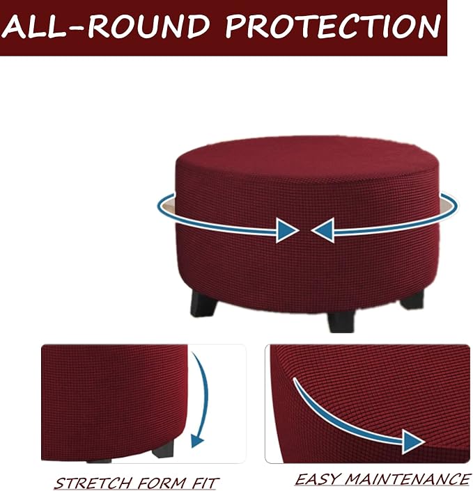 Stretch Ottoman Slipcover – Round Furniture Protector Fits 30"-41" Dia, for Footrests, Storage Ottomans & Folding Stools – Elastic Fabric Cover (Burgundy, X-Large)