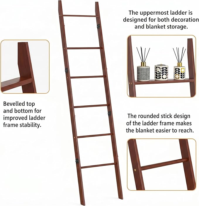 6 Tier Brown Blanket Ladder with Shelf, Wooden Blanket Rack for Living Room, Leaning Towel Ladder Rack for Bedroom, Bathroom, Quilts, Throws, Towels and Farmhouse Décor