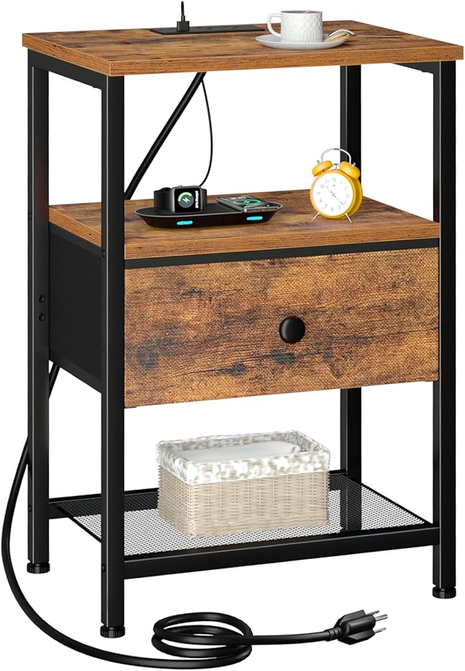 LOAKEKEL Night Stand, Nightstand with Charging Station, Slim Industrial Bedside Table with Fabric Drawer, Small End Table with USB & Type-C Ports for Bedroom, Brown, HETS010BR-1