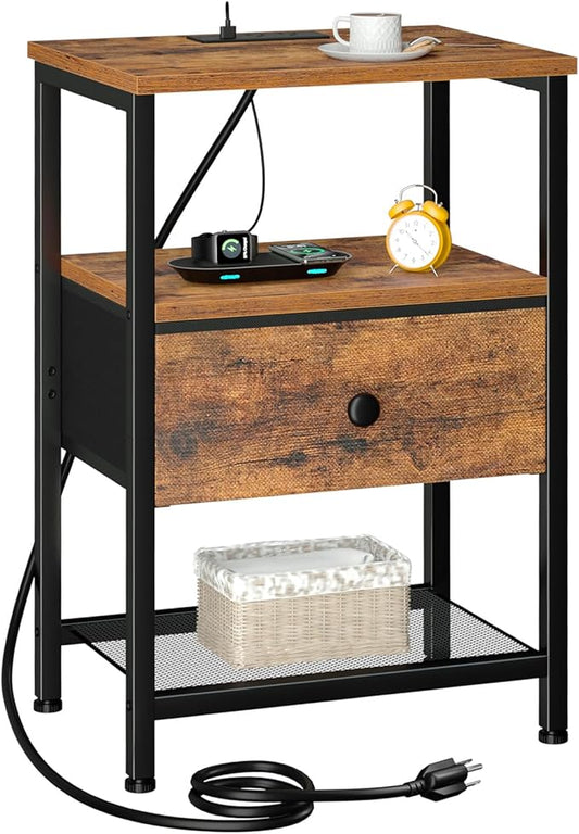 LOAKEKEL Night Stand, Nightstand with Charging Station, Slim Industrial Bedside Table with Fabric Drawer, Small End Table with USB & Type-C Ports for Bedroom, Brown, HETS010BR-1
