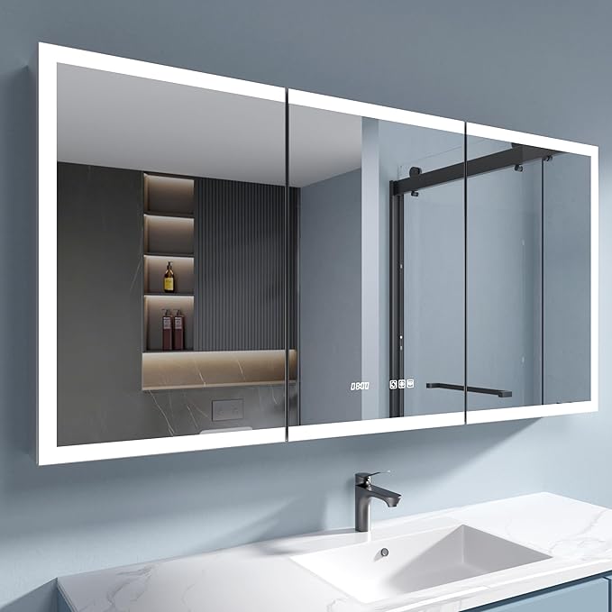 LED Medicine Cabinet Mirror, 60x30 Inch Bathroom Storage, Recessed/Wall Mount, Plug-in/Hardwired, 3 Color Dimmable Light, Anti-Fog, Time Temp Display