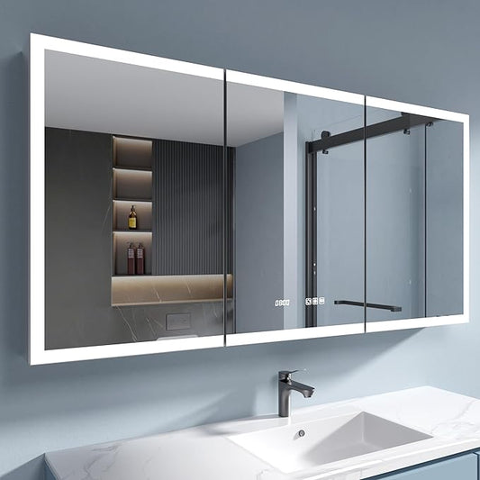 LED Medicine Cabinet Mirror, 60x30 Inch Bathroom Storage, Recessed/Wall Mount, Plug-in/Hardwired, 3 Color Dimmable Light, Anti-Fog, Time Temp Display