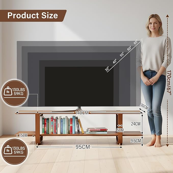 Tiita TV Stand with Storage for TVs up to 65'', Bamboo TV Console Entertainment Center with 2 Open Shelf, Mid Century Modern Media Console for Living Room, Bedroom, Walnut