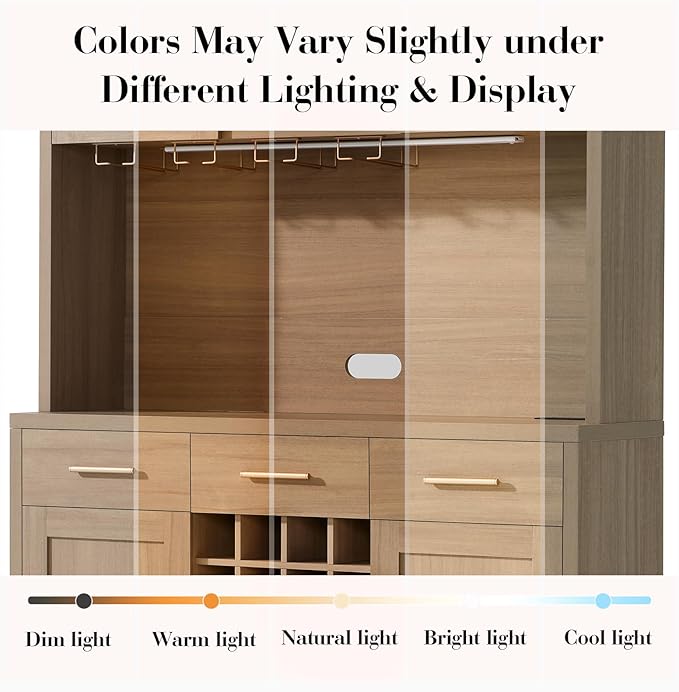 77" Tall Kitchen Pantry Cabinet with Charging Station, Kitchen Hutch Storage Cabinet with LED Lights, Wine Coffee Bar Cabinet with 24-Bottle Wine Rack for Kitchen Home Dining Room, Oak
