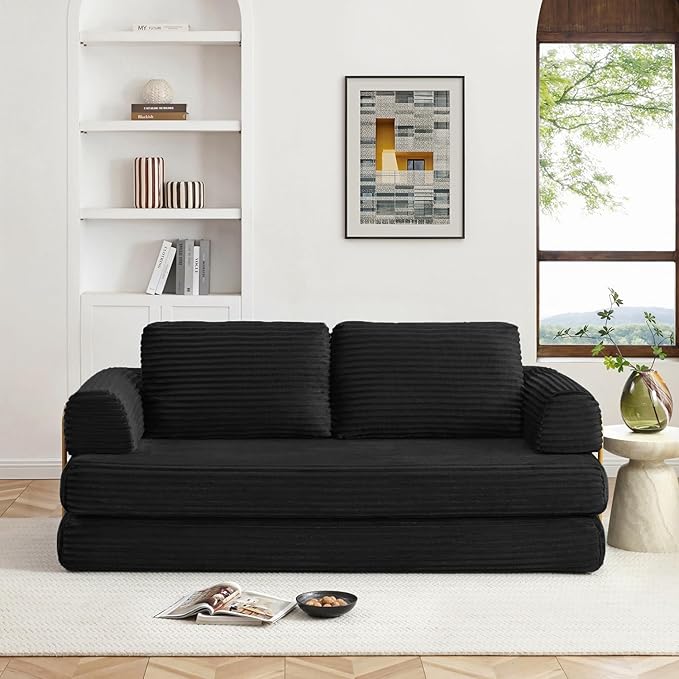 HANXIN 80 Inch Convertible Sleeper Sofa Bed, High Back Plush Corduroy Folding Floor Mattress Couch with Fixed-Shape Frame, Boneless Futon Loveseat with Pull Out Bed, No Assembly Required (Black)