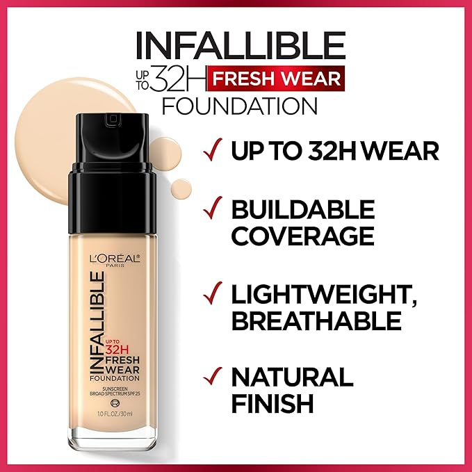 L'Oreal Paris Makeup Infallible Up to 32 Hour Fresh Wear Lightweight Foundation, 455 Natural Buff, 1 Fl Oz, Packaging May Vary