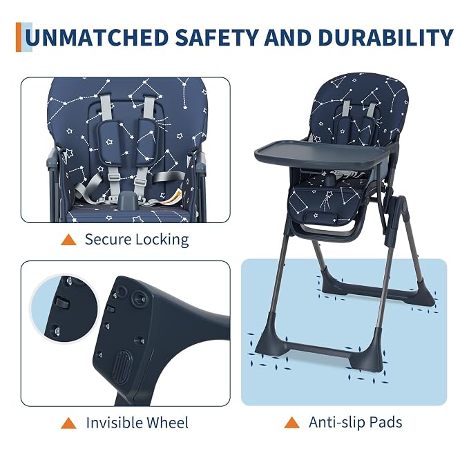 Baby High Chair, Foldable Feeding Chairs for Babies and Toddlers, Adjustable Height/Backrest/Footrest, Removable Tray, Fast Folding Blue