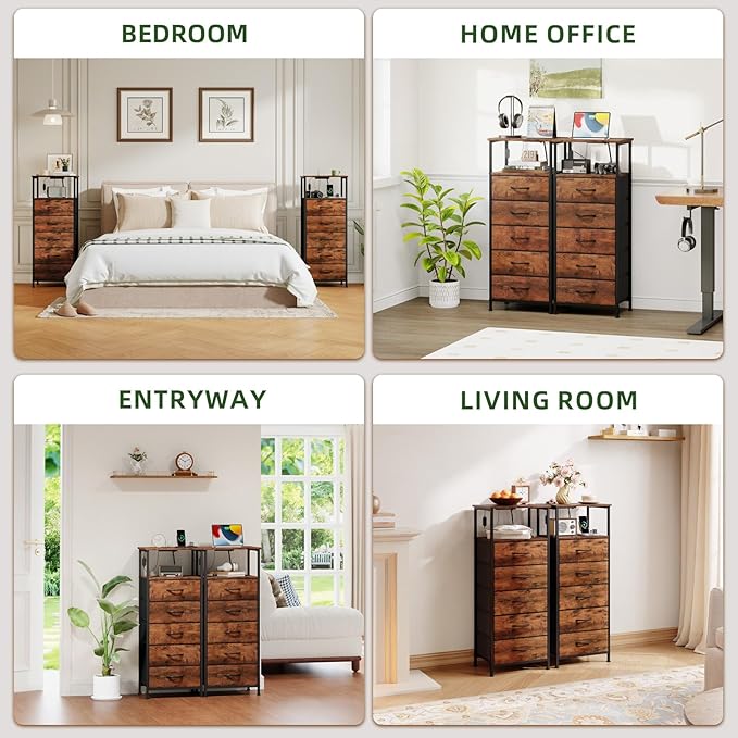 Somdot Tall Nightstand with Charging Station and LED Light for Bedroom, 5 Drawers Dresser with Fabric Bins for Bedside Kids Dorm Room Closet Laundry Entryway, Wood Grain Print