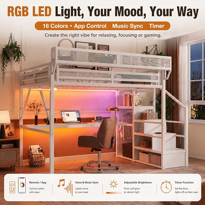Mirightone Queen Loft Bed with Desk and RGB Light, Metal Loft Bed Frame with Stairs and Bedside Shelf, Heavy-Duty Lofts Beds with Storage Shelves and Wardrobe for Kids Teens, White