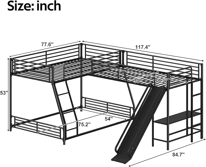 Bellemave Triple Bunk Beds, L-Shape Twin Over Full Bunk Bed Attached a Loft Bed with Desk, Triple Bunk Beds with Slide, Metal Corner Bunk Bed Frame for Three Kids Boys Girls Teens, Black