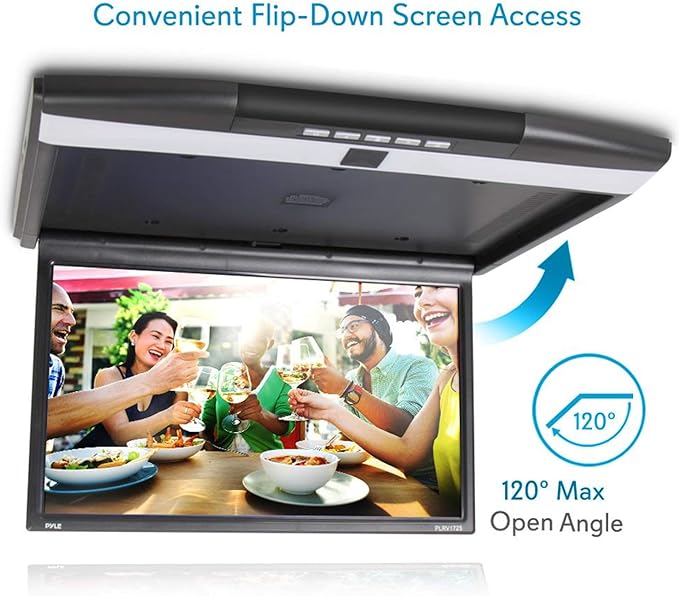 Pyle Car Overhead Monitor Screen Display - 17.3 inch. LCD Vehicle Flip Down Roof Mount Console - HDMI TV Player Control Panel w/ Built-in IR Transmitter for Wireless IR Headphone - Pyle PLRV1725