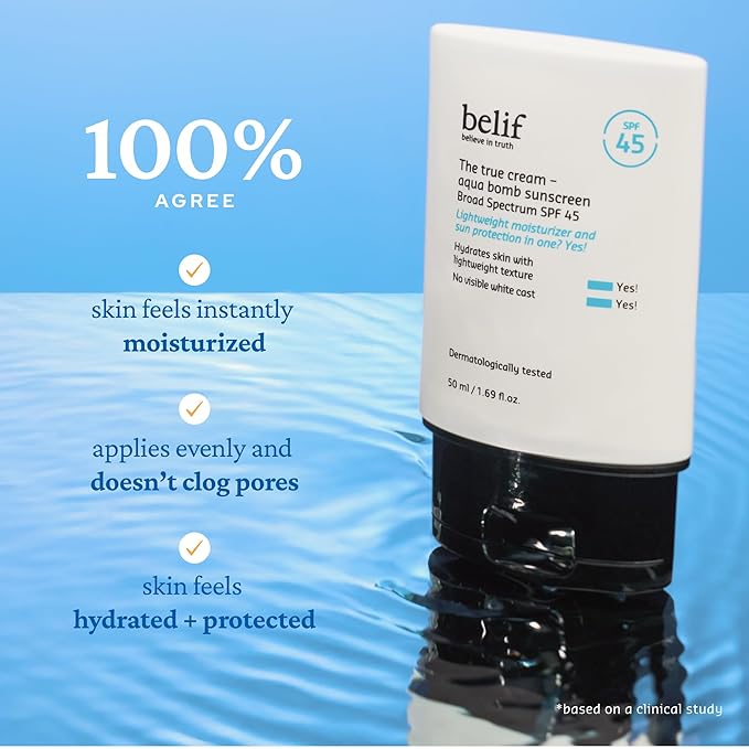 belif Aqua Bomb SPF 45 Hydrating Niacinamide Sunscreen (1.69 fl. oz) - The True Cream PA++++, Daily Broad Spectrum, No White Cast, Weightless & Invisible, Non-Greasy, Korean Skincare