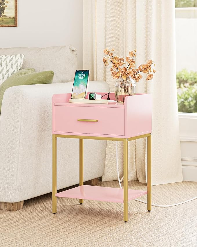 Nightstand with Charging Station, Modern Bedside Table with Drawer and Legs,Pink and Gold Night Stand with Open Shelf, Narrow Side Table for Bedroom, Living Room