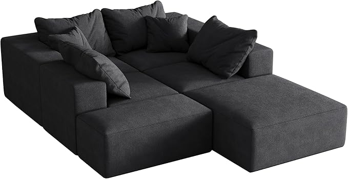 132" Modular Sectional Sleeper Sofa Couch, Modern Cloud Chenille Sectional Couch with Ottoman, Boneless U Shape Couches for Living Room, Free Combination, No Assembly Required, Black