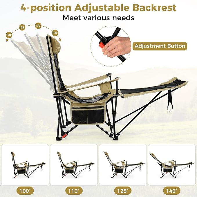 Goplus Camping Lounge Chair w/Detachable Footrest, Folding Beach Chair w/4-position Backrest, Carrying Bag, Removable Pillow, Cup Holder, Storage Pouch, Reclining Chair, 330LBS Capacity (Green,2)