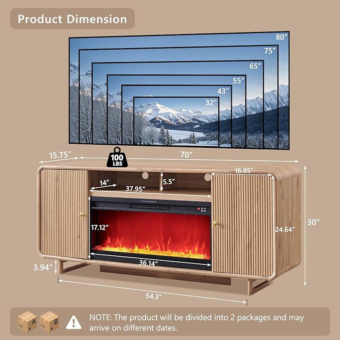 IFGET 70" Fluted Fireplace TV Stand for 80 Inch TV, Modern Entertainment Center w/36'' Electric Fireplace, Wood Media Console w/Curved Profile Design and Adjustable Shelves for Living Room,Natural Oak