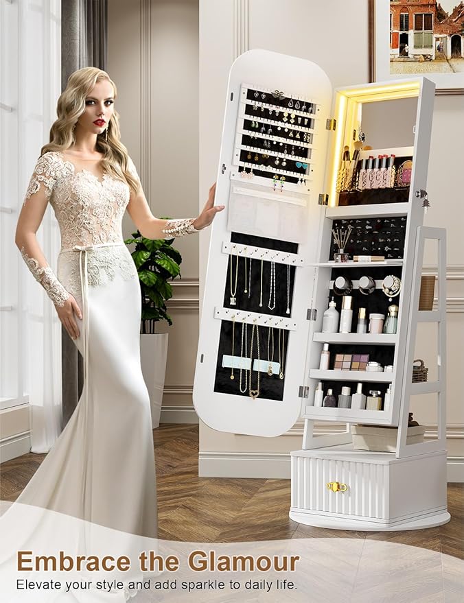360° Swivel Jewelry Cabinet with Lights - RGB Vanity Mirror | Rotatable Full Length Mirror with Jewelry Storage, Standing Jewelry Armoire Organizer, Foldable Makeup Shelf, White (White)