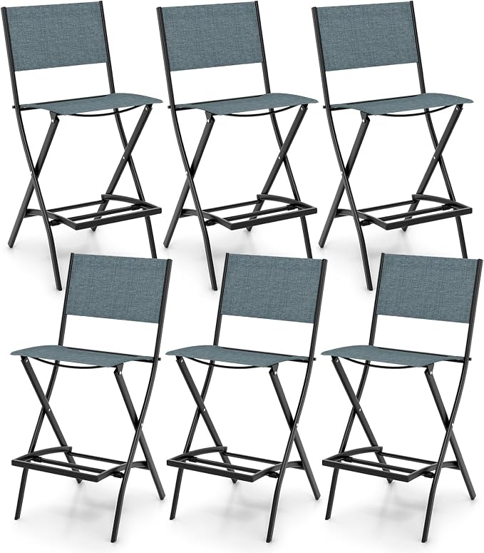 Giantex Folding Patio Bar Chairs Set of 6, Outdoor Counter Height Bar Stools with Footrest & Back, All-Weather Resistant, Metal Frame, for Porch Deck Lawn Garden (Light Blue)