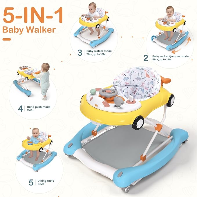 Baby Walker, 5-in-1 Baby Walker for Boys and Girls with Bouncer, Removable Footrest, Music, Foldable & Adjustable Speed Wheels Activity Walker for 6-18 Months Toddler Infant(Yellow Blue)